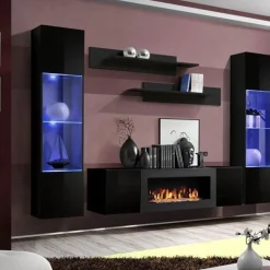 Garnero Arredamenti Parete attrezzata sospesa 260x170h cm con biocamino e vetrine nero M Gihome® Nero Lucido