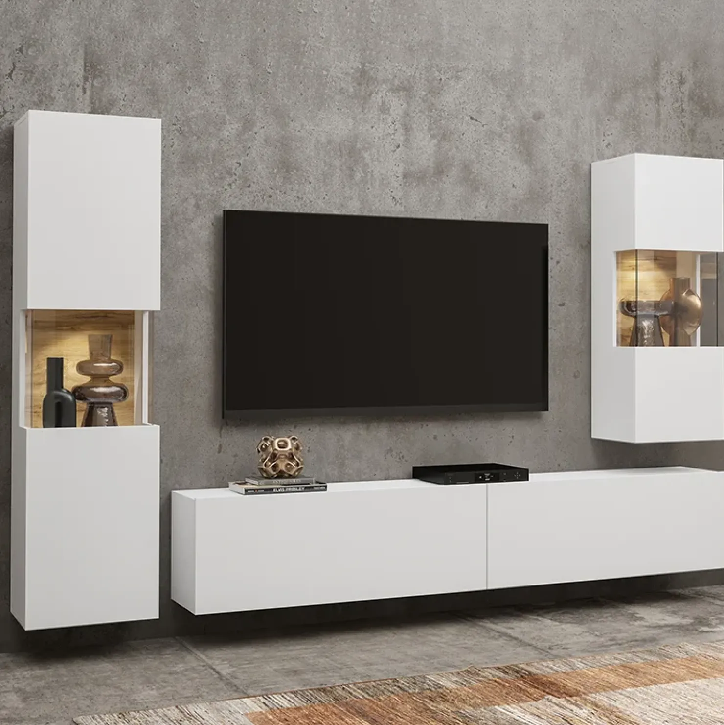 Garnero Arredamenti Parete attrezzata sospesa 226x140h cm bianco rovere Fusion 2 Bianco Opaco