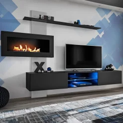 Garnero Arredamenti Parete attrezzata sospesa 250x170h cm con camino bioetanolo nero grigio Giotto New