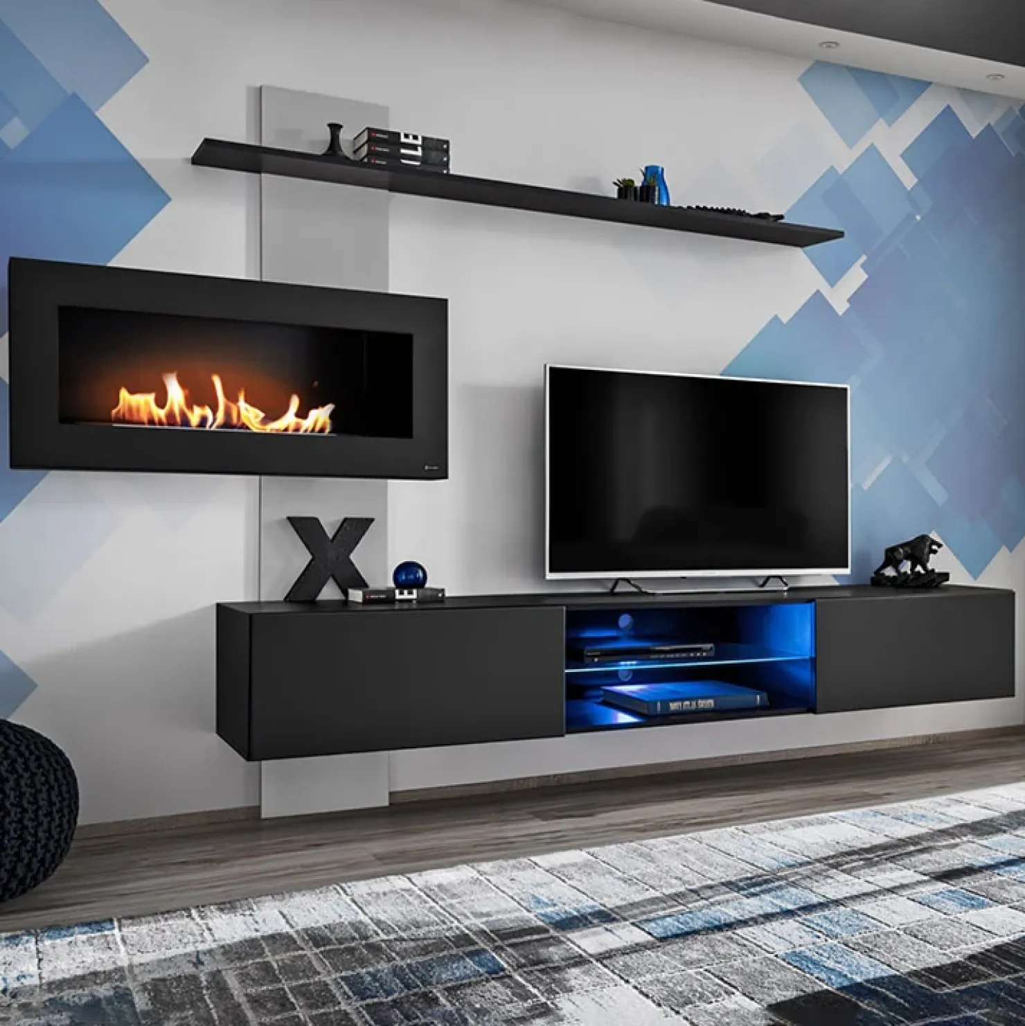 Garnero Arredamenti Parete attrezzata sospesa 250x170h cm con camino bioetanolo nero grigio Giotto New