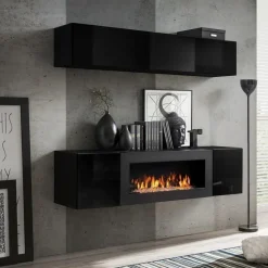 Garnero Arredamenti Parete attrezzata sospesa con biocamino 160x150h cm nero opaco e lucido N Gihome® Nero Lucido Discount