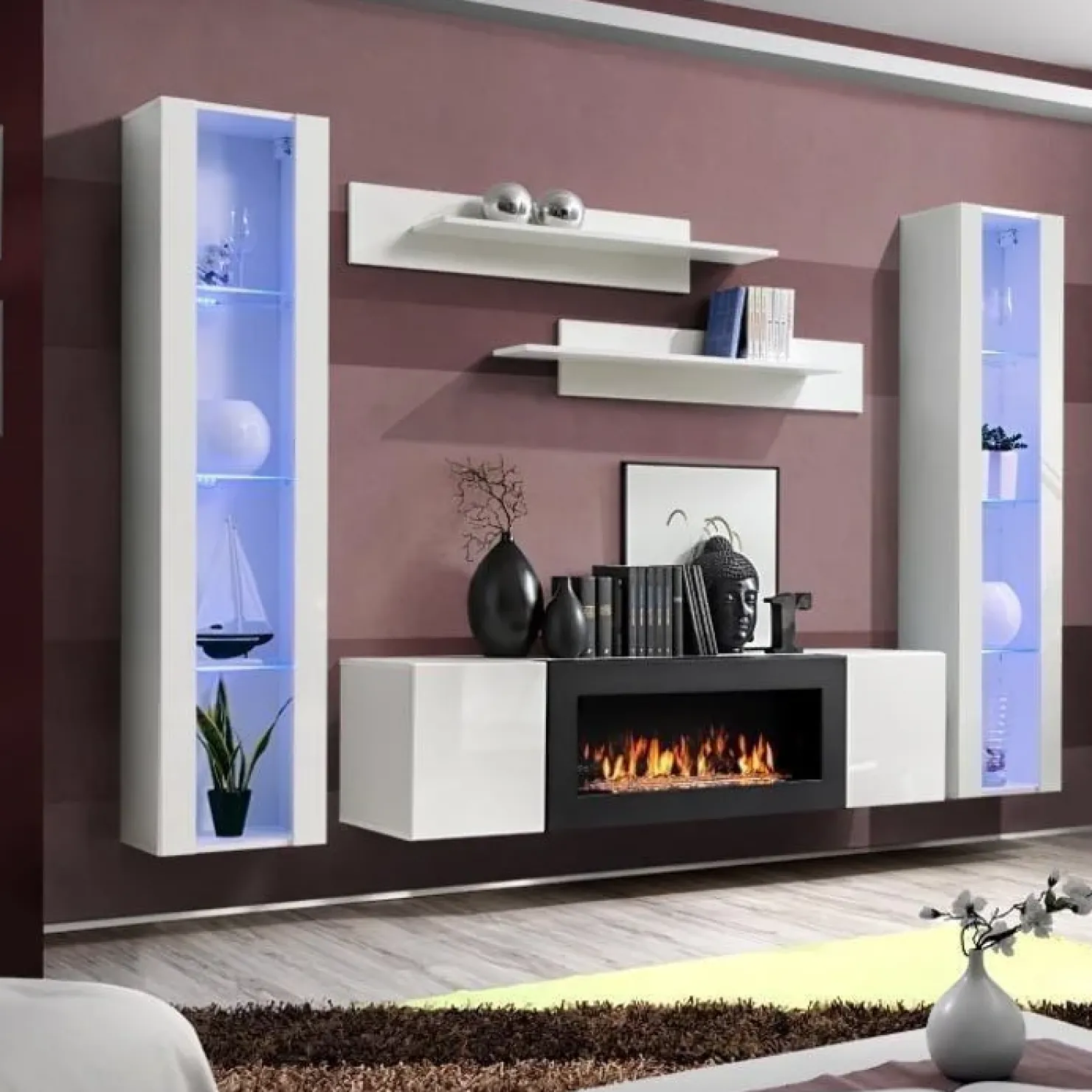 Garnero Arredamenti Parete attrezzata sospesa 260x170h cm con biocamino e vetrine intere M Gihome® Bianco Lucido