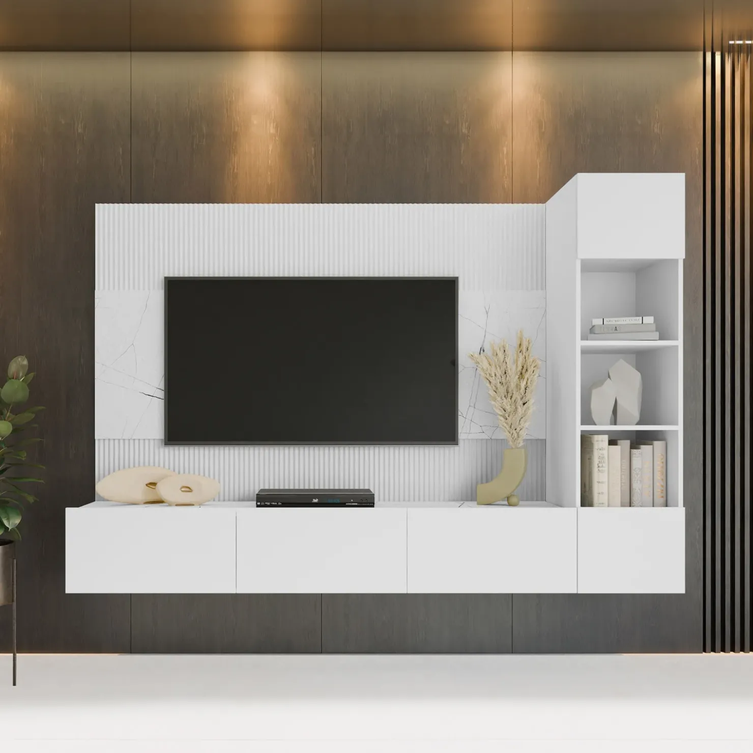 Garnero Arredamenti Parete attrezzata sospesa 220x150h cm con colonna bianco cannettato effetto marmo Ilaria Bianco Opaco Hot