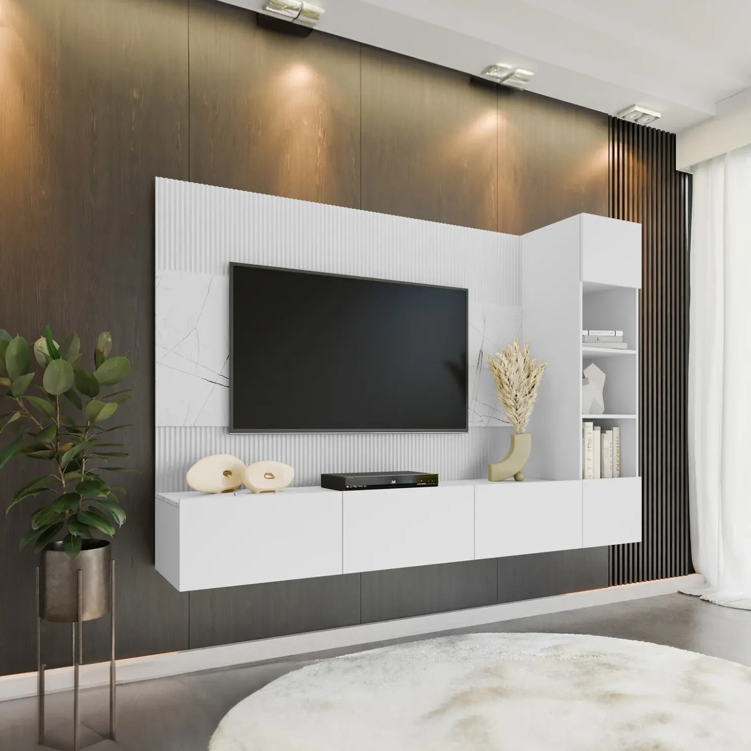 Garnero Arredamenti Parete attrezzata sospesa 220x150h cm con colonna bianco cannettato effetto marmo Ilaria Bianco Opaco Hot