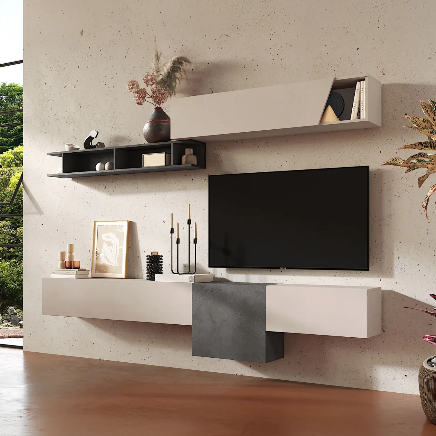 Garnero Arredamenti Parete attrezzata sospesa 262x220h cm moderna beige antracite Sunset 72 Best