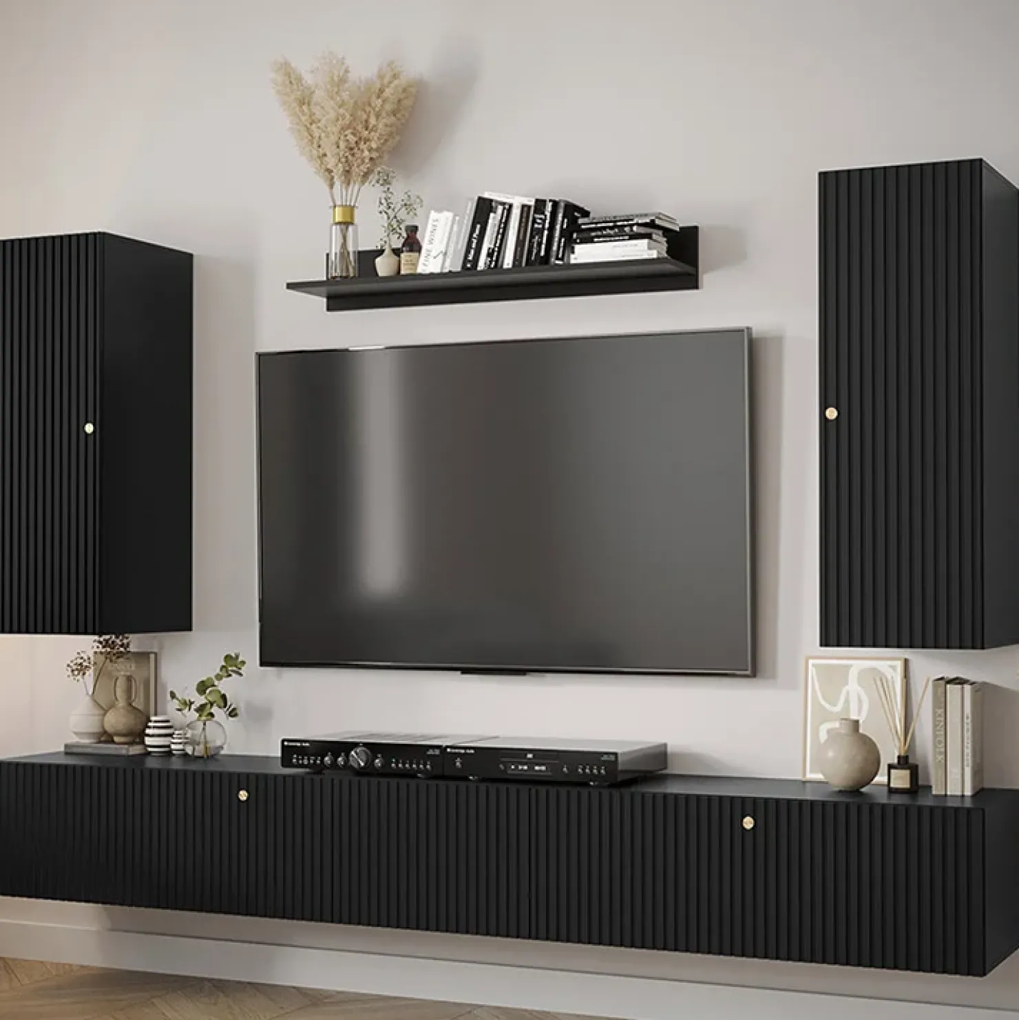 Garnero Arredamenti Parete attrezzata sospesa 250x165h cm nero Kiruna 3 Nero Opaco Hot