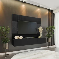 Garnero Arredamenti Parete attrezzata sospesa 180x150h cm 3 ante nero cannettato effetto marmo Ilaria Nero Opaco