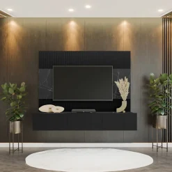 Garnero Arredamenti Parete attrezzata sospesa 180x150h cm 3 ante nero cannettato effetto marmo Ilaria Nero Opaco