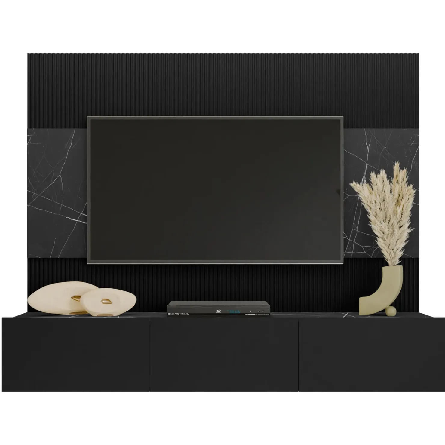 Garnero Arredamenti Parete attrezzata sospesa 180x150h cm 3 ante nero cannettato effetto marmo Ilaria Nero Opaco