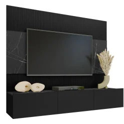 Garnero Arredamenti Parete attrezzata sospesa 180x150h cm 3 ante nero cannettato effetto marmo Ilaria Nero Opaco