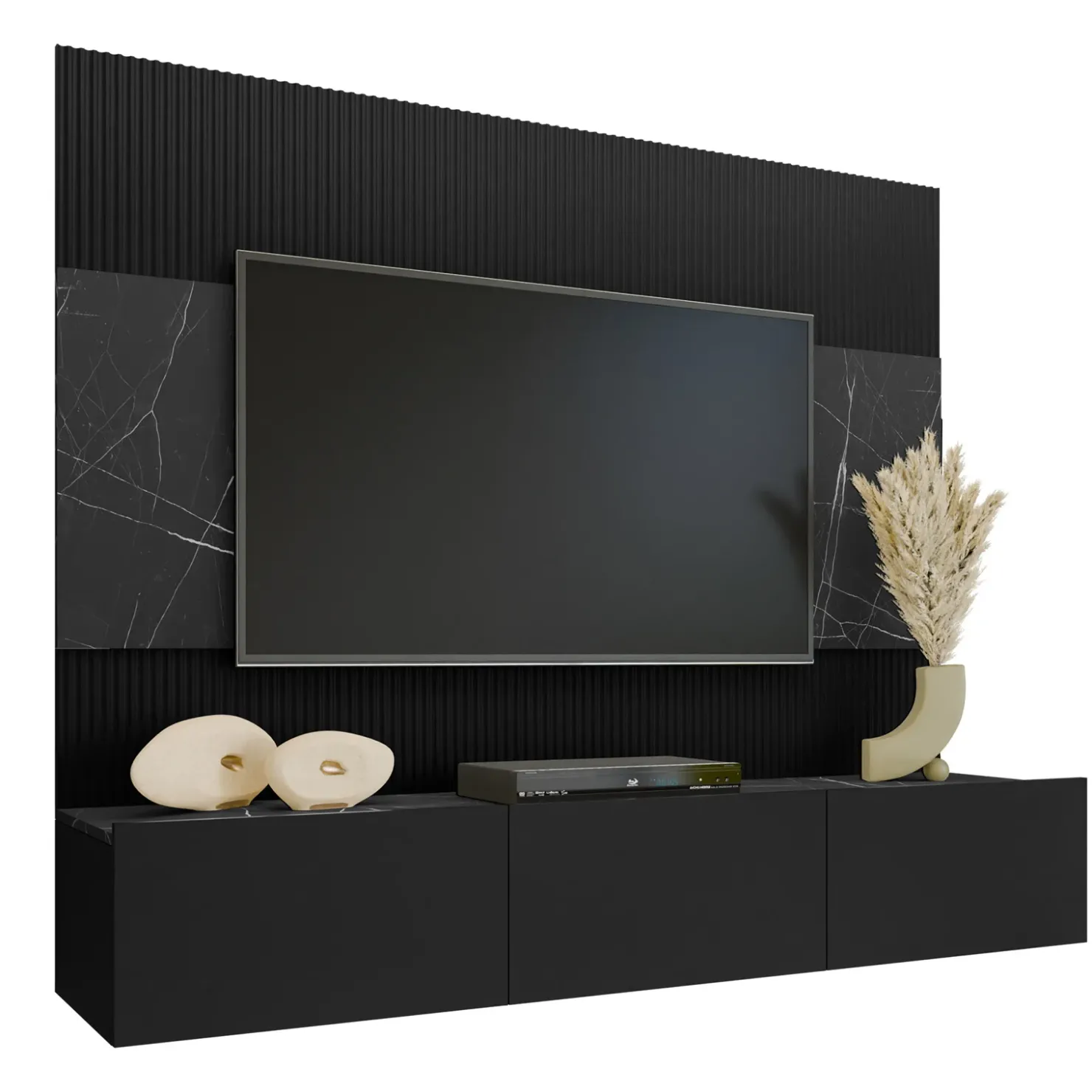 Garnero Arredamenti Parete attrezzata sospesa 180x150h cm 3 ante nero cannettato effetto marmo Ilaria Nero Opaco