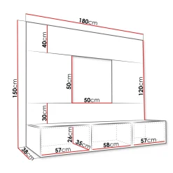 Garnero Arredamenti Parete attrezzata sospesa 180x150h cm 3 ante nero cannettato effetto marmo Ilaria Nero Opaco