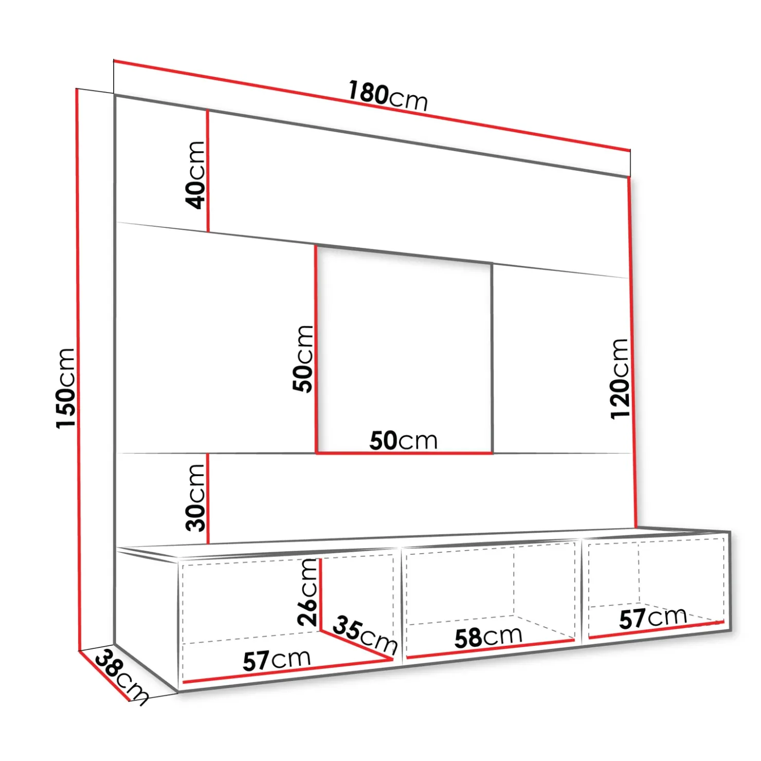 Garnero Arredamenti Parete attrezzata sospesa 180x150h cm 3 ante nero cannettato effetto marmo Ilaria Nero Opaco