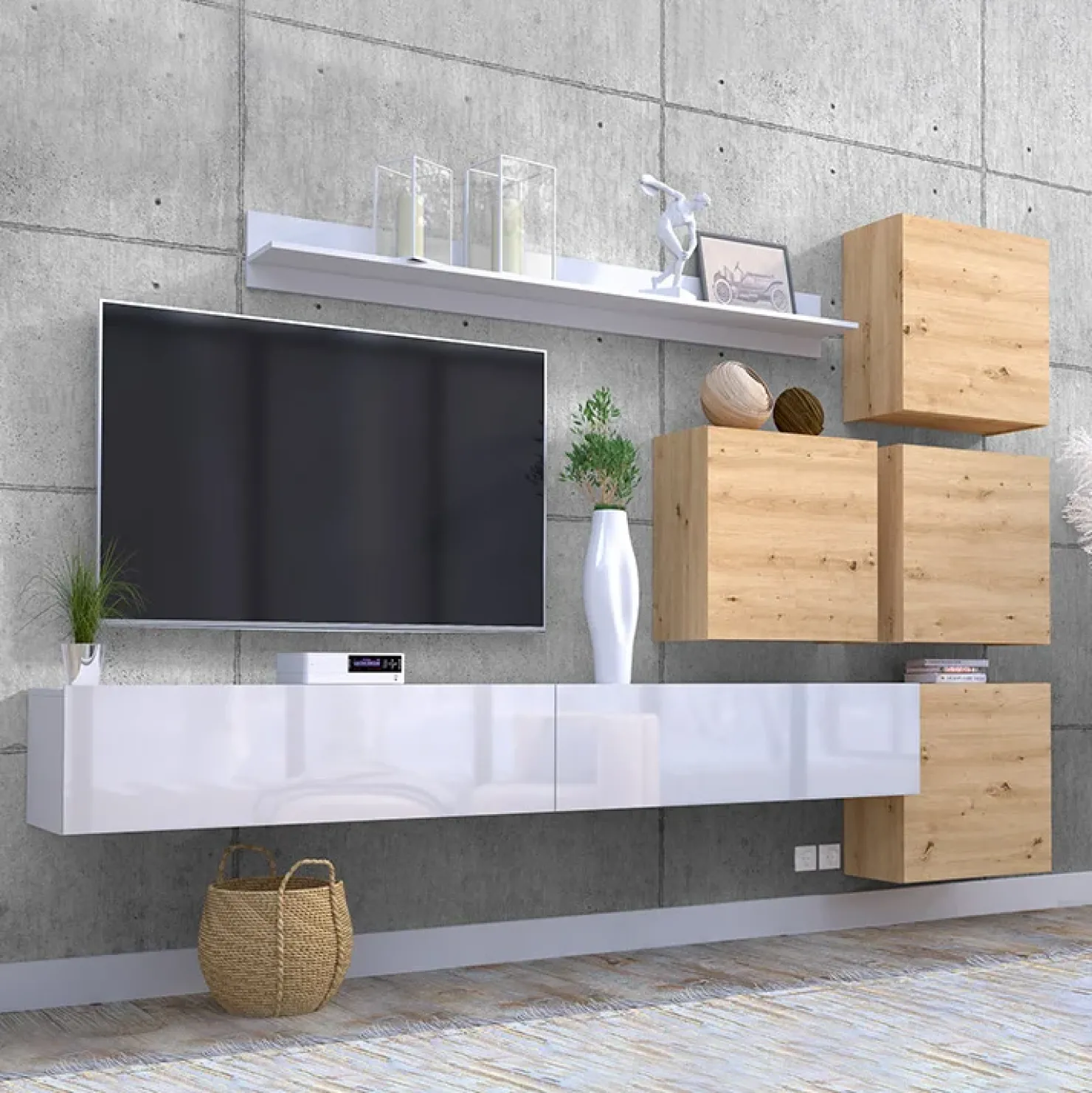 Garnero Arredamenti Parete attrezzata sospesa 300x210h cm bianco lucido rovere Tempus Bianco Lucido - Rovere Online