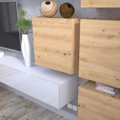 Garnero Arredamenti Parete attrezzata sospesa 300x210h cm bianco lucido rovere Tempus Bianco Lucido - Rovere Online