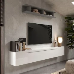 Garnero Arredamenti Parete attrezzata sospesa 210x180h cm moderna grigio bianco lucido Sunset 48