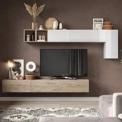 Garnero Arredamenti Parete attrezzata sospesa 276x175h cm bianco lucido rovere chiaro Sunset 41 Bianco Lucido - Rovere Outlet