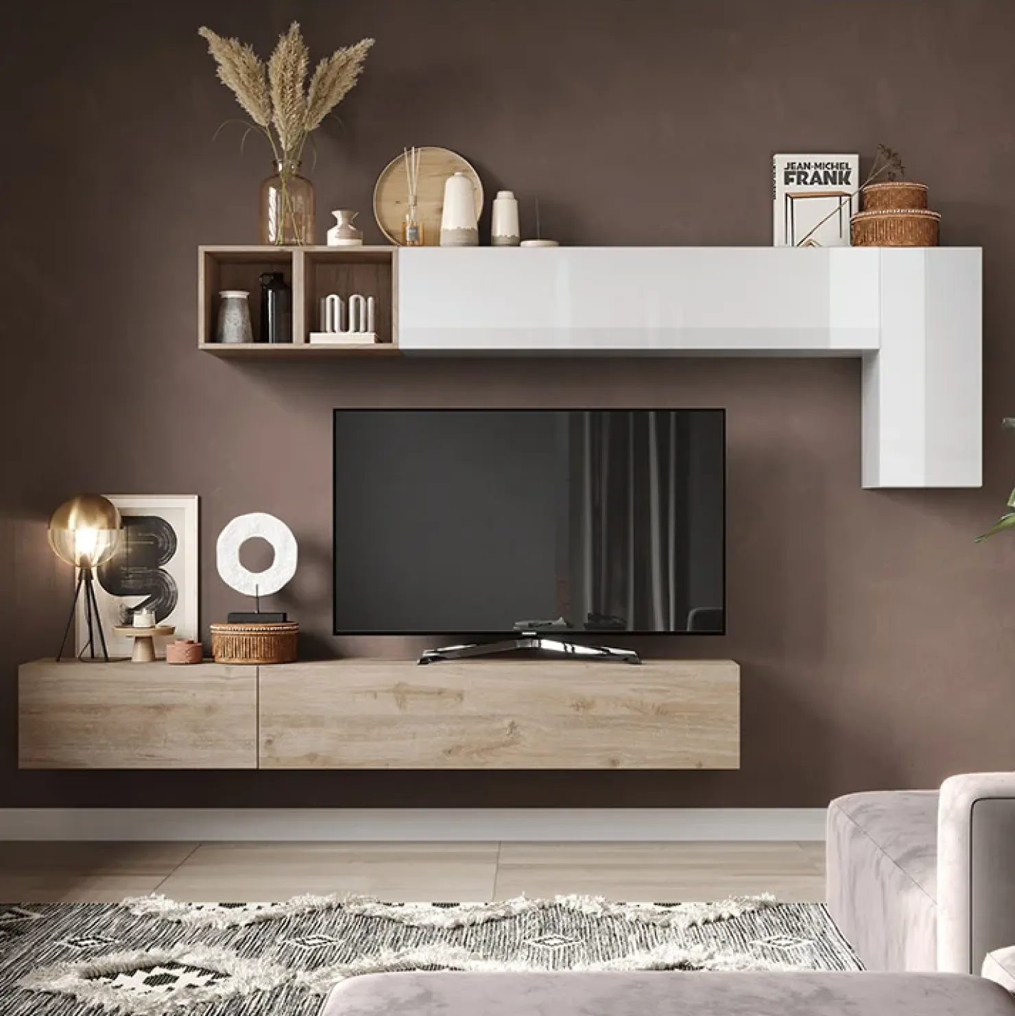 Garnero Arredamenti Parete attrezzata sospesa 276x175h cm bianco lucido rovere chiaro Sunset 41 Bianco Lucido - Rovere Outlet