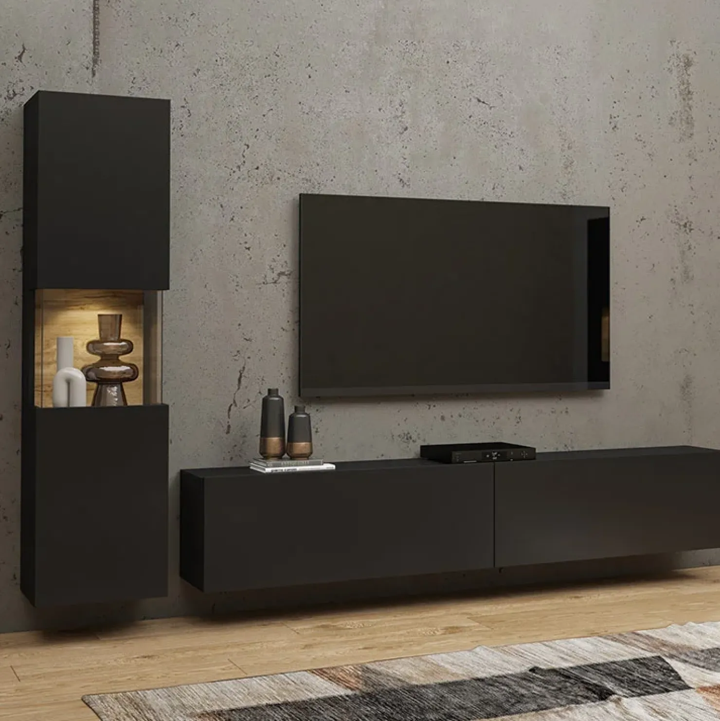 Garnero Arredamenti Parete attrezzata sospesa 226x140h cm nero rovere Fusion 1 Nero Opaco Clearance