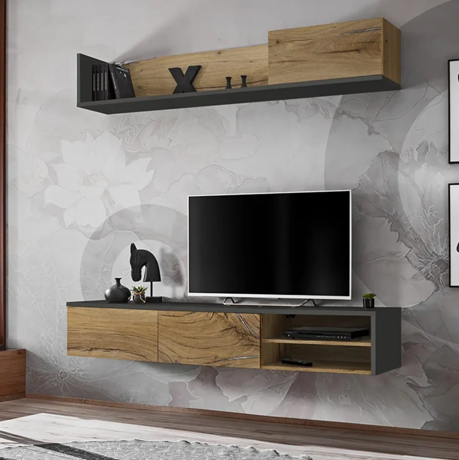 Garnero Arredamenti Parete attrezzata sospesa 180x180h cm moderna rovere antico antracite Botticelli Online