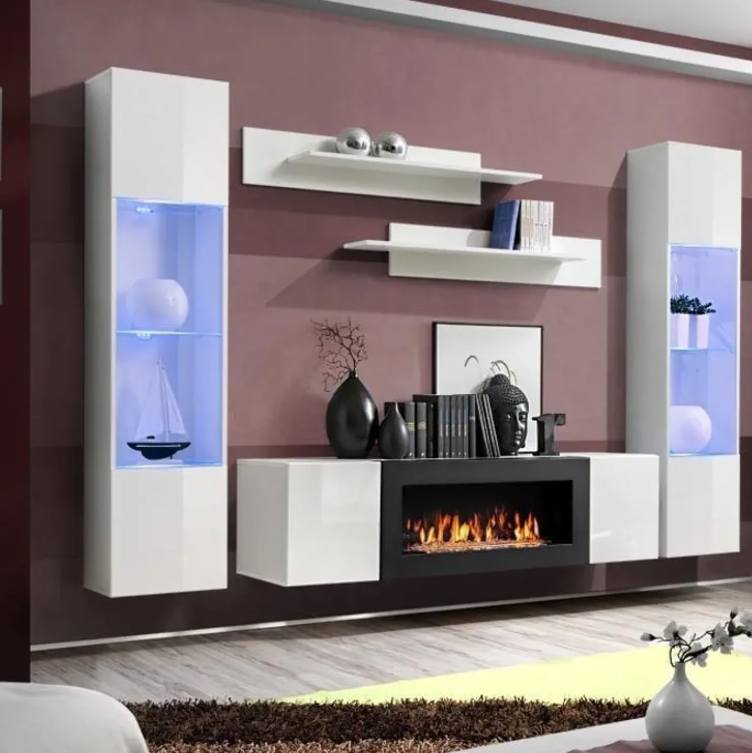 Garnero Arredamenti Parete attrezzata sospesa 260x170h cm con biocamino e vetrine bianco M Gihome® Bianco Lucido Best