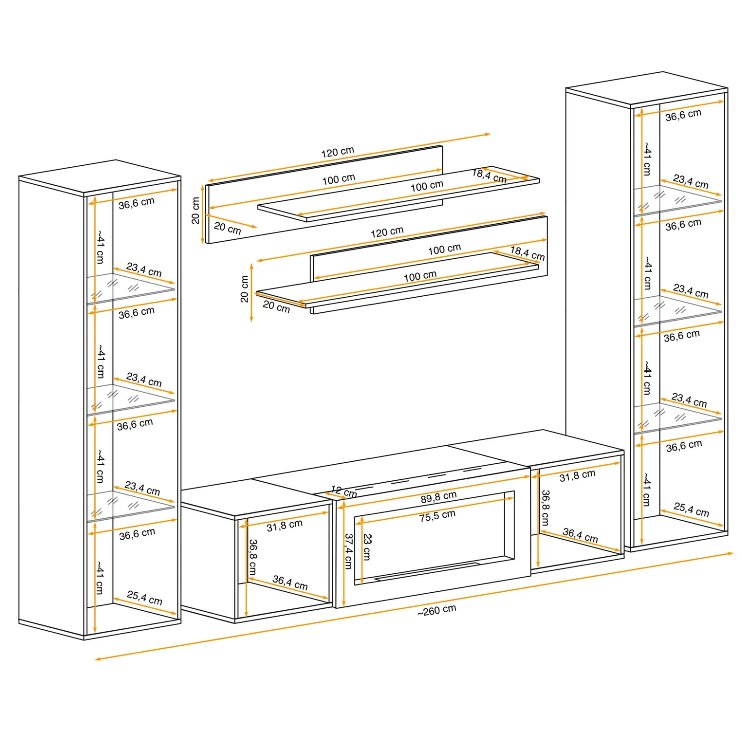 Garnero Arredamenti Parete attrezzata sospesa 260x170h cm con biocamino e vetrine bianco M Gihome® Bianco Lucido Best