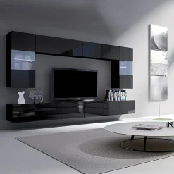 Garnero Arredamenti Parete attrezzata sospesa 300x185h cm porta tv con vetrine Mons Nero Lucido Sale