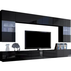 Garnero Arredamenti Parete attrezzata sospesa 300x185h cm porta tv con vetrine Mons Nero Lucido Sale