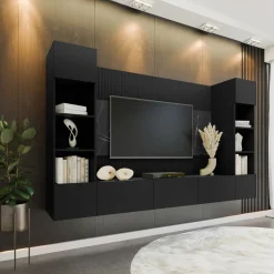 Garnero Arredamenti Parete attrezzata sospesa 260x150h cm con colonne nero cannettato effetto marmo Ilaria Nero Opaco Best