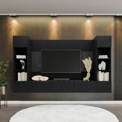 Garnero Arredamenti Parete attrezzata sospesa 260x150h cm con colonne nero cannettato effetto marmo Ilaria Nero Opaco Best