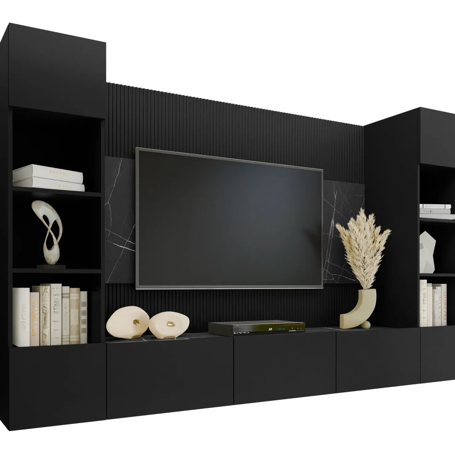 Garnero Arredamenti Parete attrezzata sospesa 260x150h cm con colonne nero cannettato effetto marmo Ilaria Nero Opaco Best