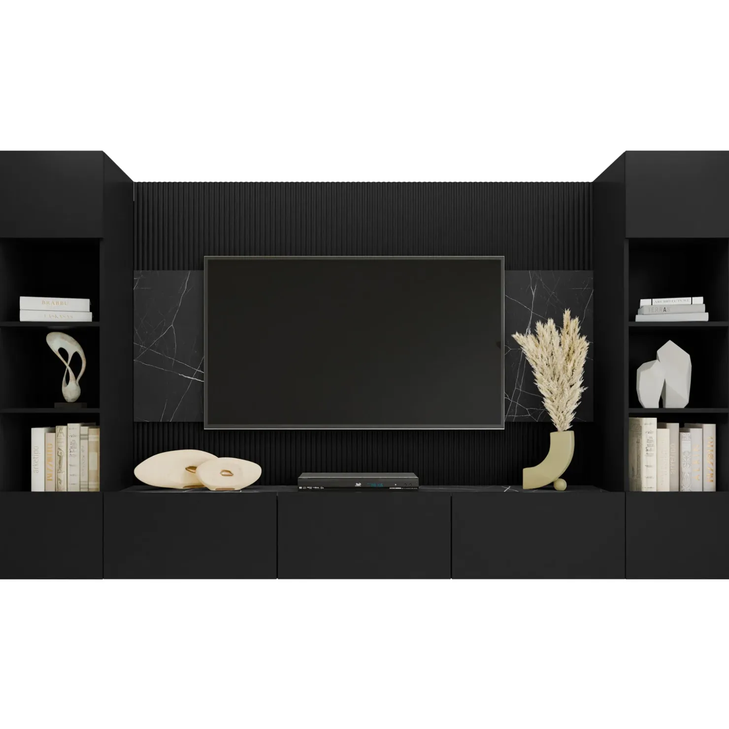 Garnero Arredamenti Parete attrezzata sospesa 260x150h cm con colonne nero cannettato effetto marmo Ilaria Nero Opaco Best