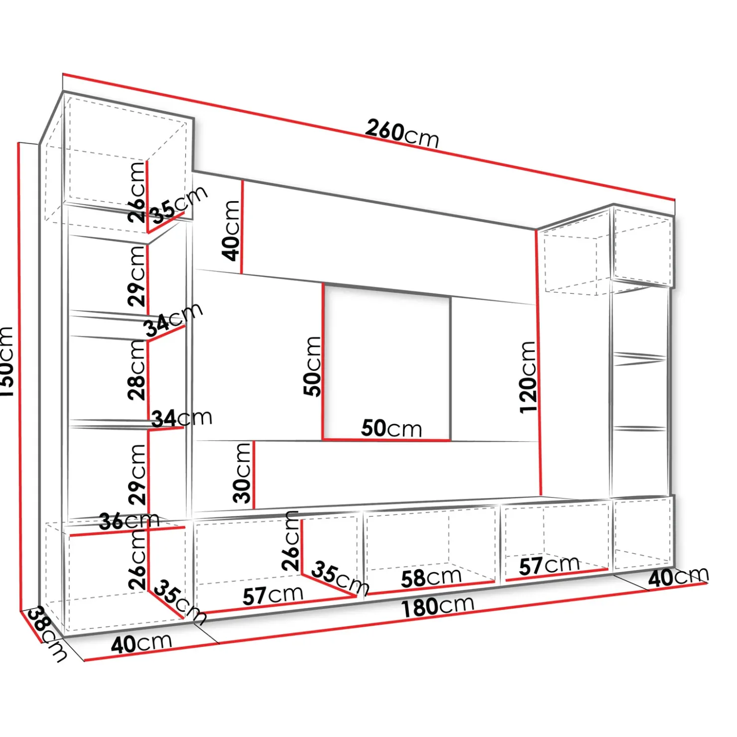 Garnero Arredamenti Parete attrezzata sospesa 260x150h cm con colonne nero cannettato effetto marmo Ilaria Nero Opaco Best