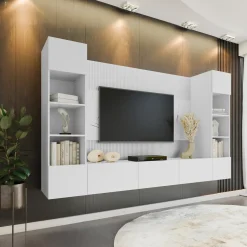 Garnero Arredamenti Parete attrezzata sospesa 260x150h cm con colonne bianco cannettato effetto marmo Ilaria Bianco Opaco Outlet