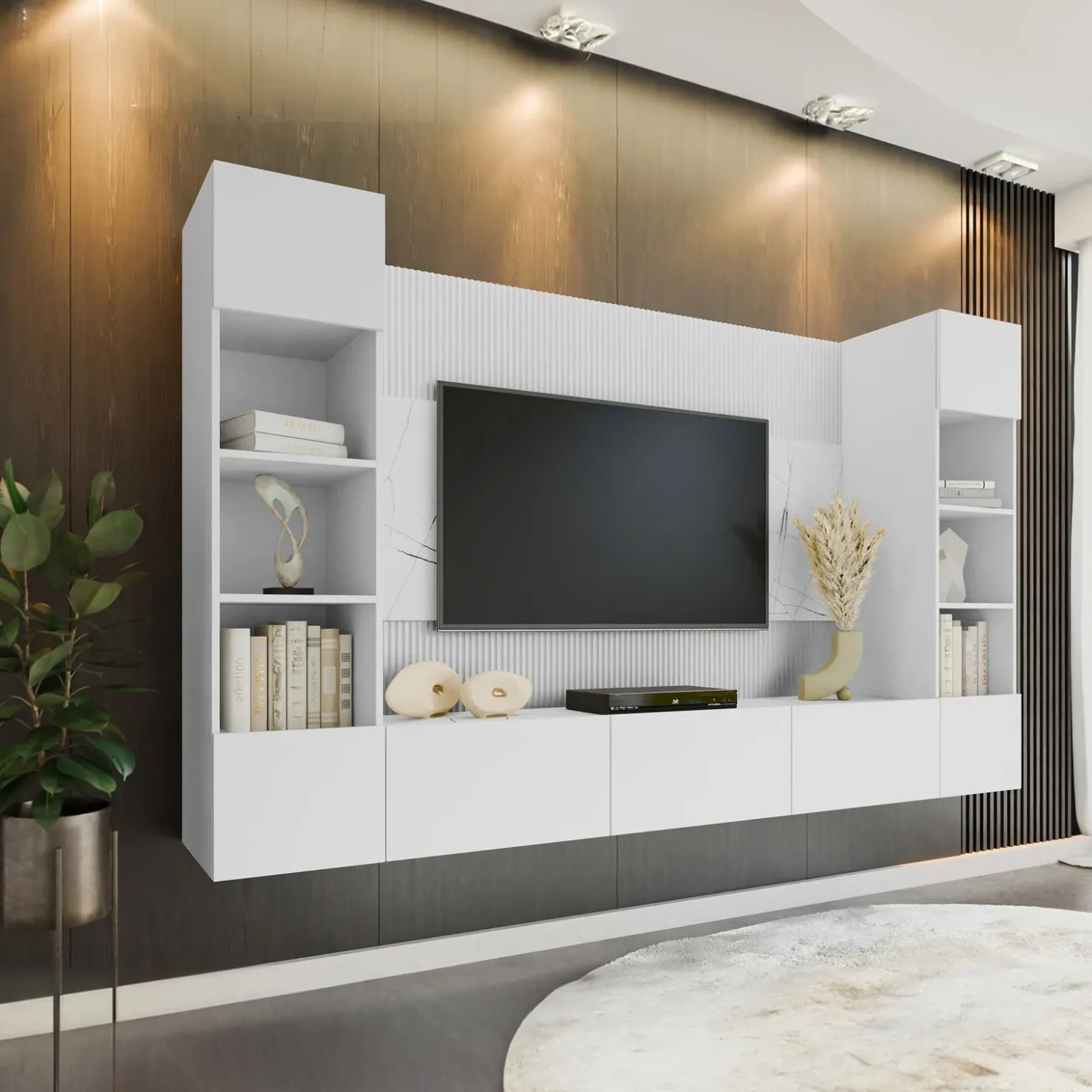 Garnero Arredamenti Parete attrezzata sospesa 260x150h cm con colonne bianco cannettato effetto marmo Ilaria Bianco Opaco Outlet