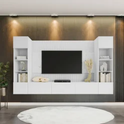 Garnero Arredamenti Parete attrezzata sospesa 260x150h cm con colonne bianco cannettato effetto marmo Ilaria Bianco Opaco Outlet