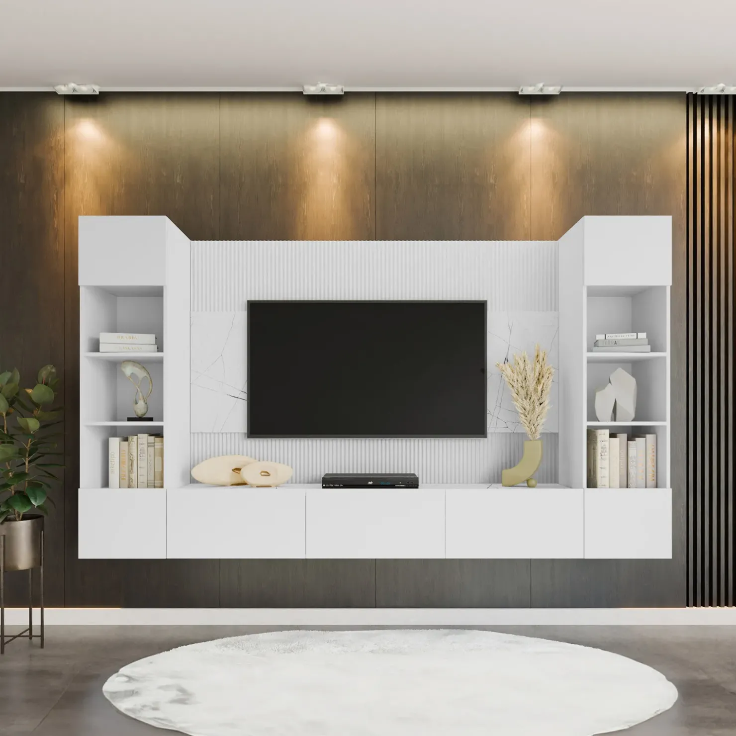 Garnero Arredamenti Parete attrezzata sospesa 260x150h cm con colonne bianco cannettato effetto marmo Ilaria Bianco Opaco Outlet