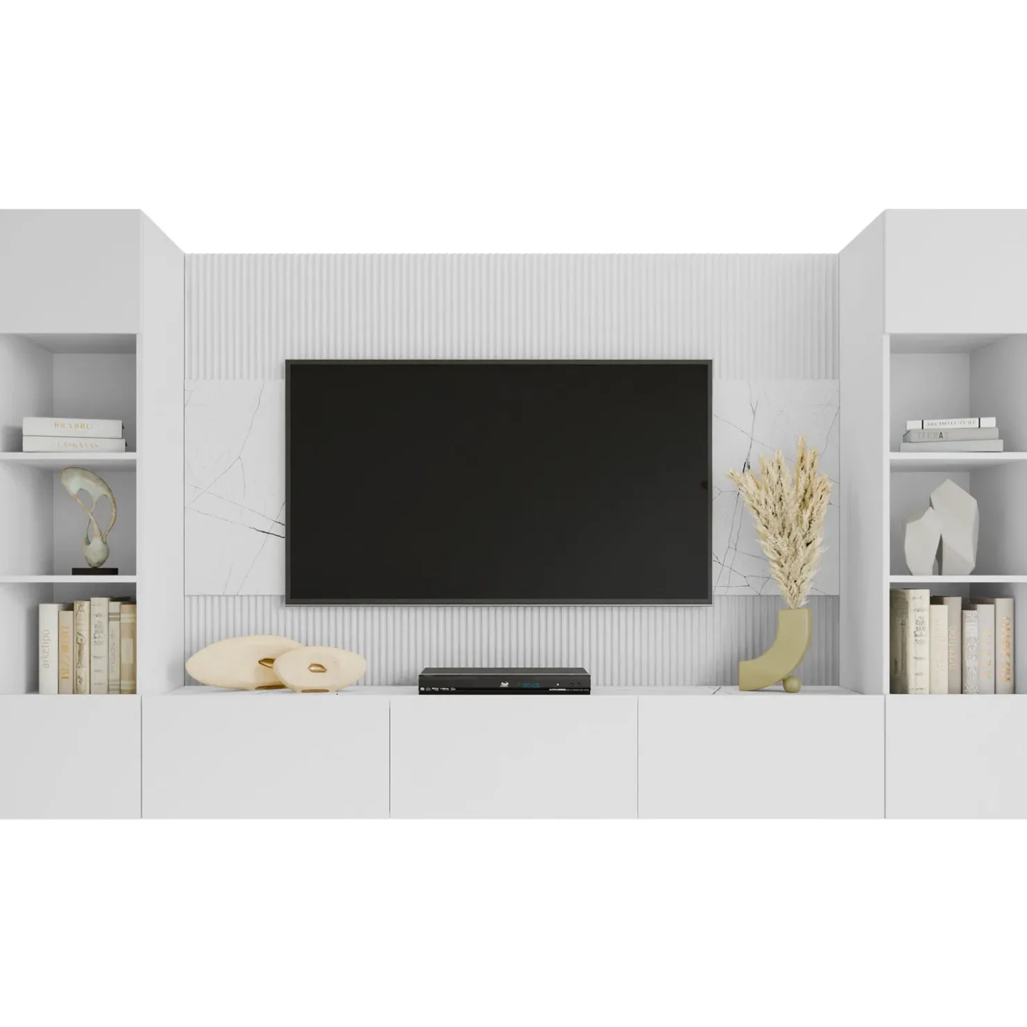 Garnero Arredamenti Parete attrezzata sospesa 260x150h cm con colonne bianco cannettato effetto marmo Ilaria Bianco Opaco Outlet