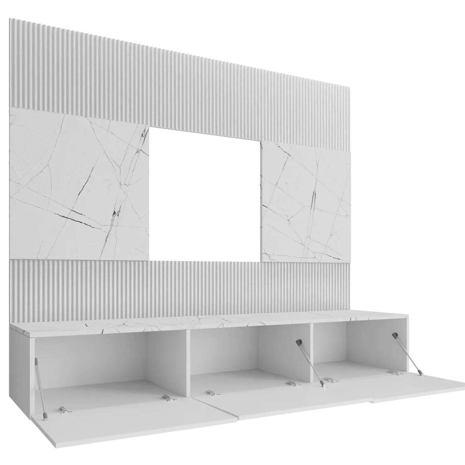 Garnero Arredamenti Parete attrezzata sospesa 260x150h cm con colonne bianco cannettato effetto marmo Ilaria Bianco Opaco Outlet