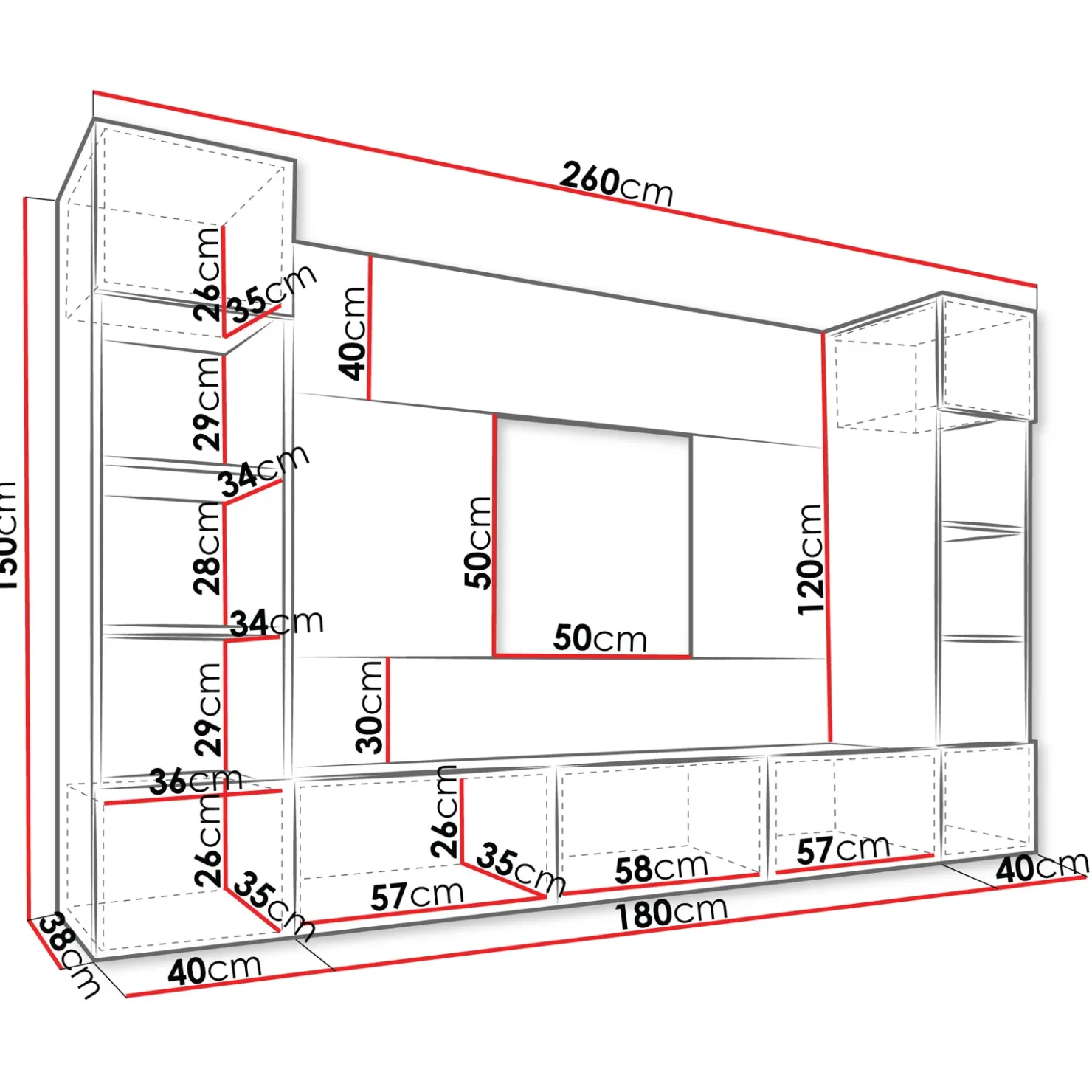 Garnero Arredamenti Parete attrezzata sospesa 260x150h cm con colonne bianco cannettato effetto marmo Ilaria Bianco Opaco Outlet