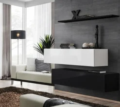 Garnero Arredamenti Parete attrezzata sospesa 130x110h cm moderna bianco nero Geo 19 Nero Opaco - Bianco Lucido Online