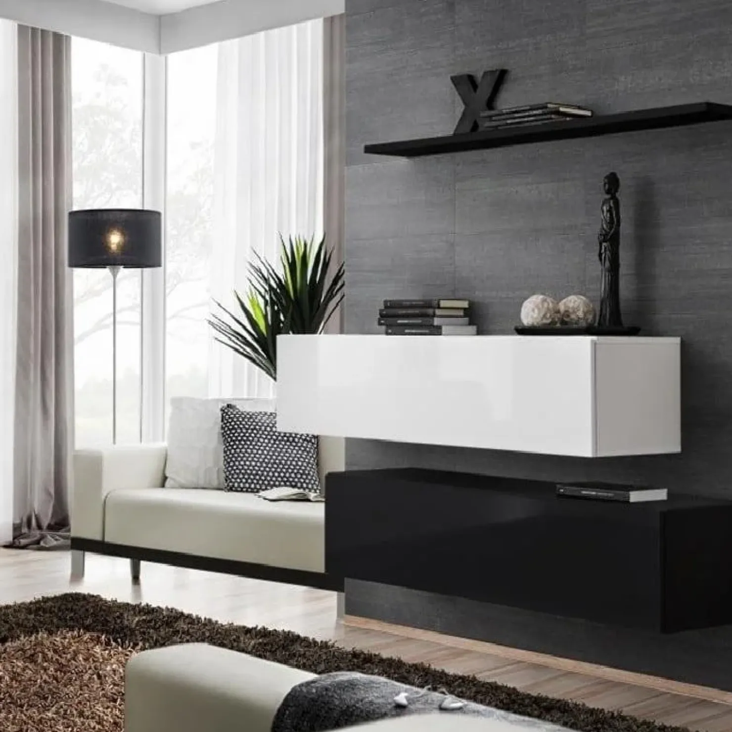 Garnero Arredamenti Parete attrezzata sospesa 130x110h cm moderna bianco nero Geo 19 Nero Opaco - Bianco Lucido Online