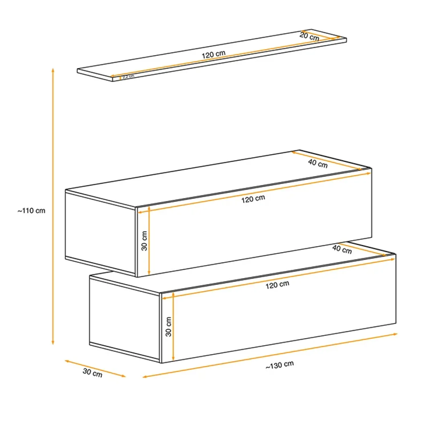 Garnero Arredamenti Parete attrezzata sospesa 130x110h cm moderna bianco nero Geo 19 Nero Opaco - Bianco Lucido Online