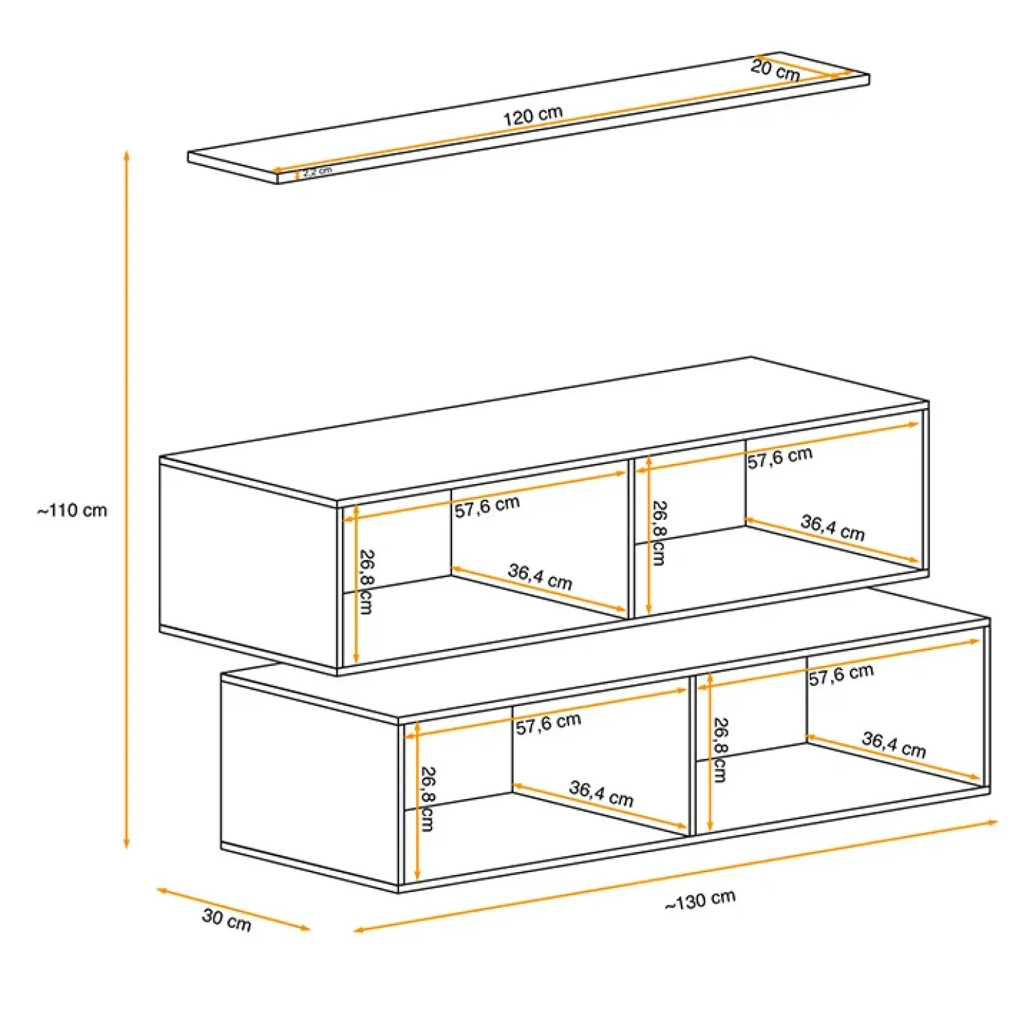 Garnero Arredamenti Parete attrezzata sospesa 130x110h cm moderna bianco nero Geo 19 Nero Opaco - Bianco Lucido Online