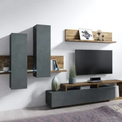 Garnero Arredamenti Parete attrezzata 219x 205h cm soggiorno antracite spatolato noce Megan Gihome® Noce - Antracite New