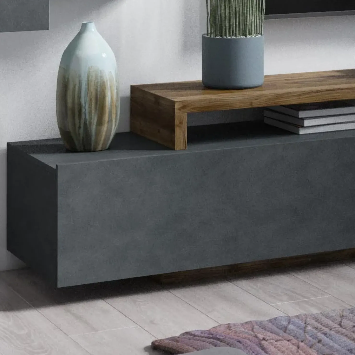 Garnero Arredamenti Parete attrezzata 219x 205h cm soggiorno antracite spatolato noce Megan Gihome® Noce - Antracite New