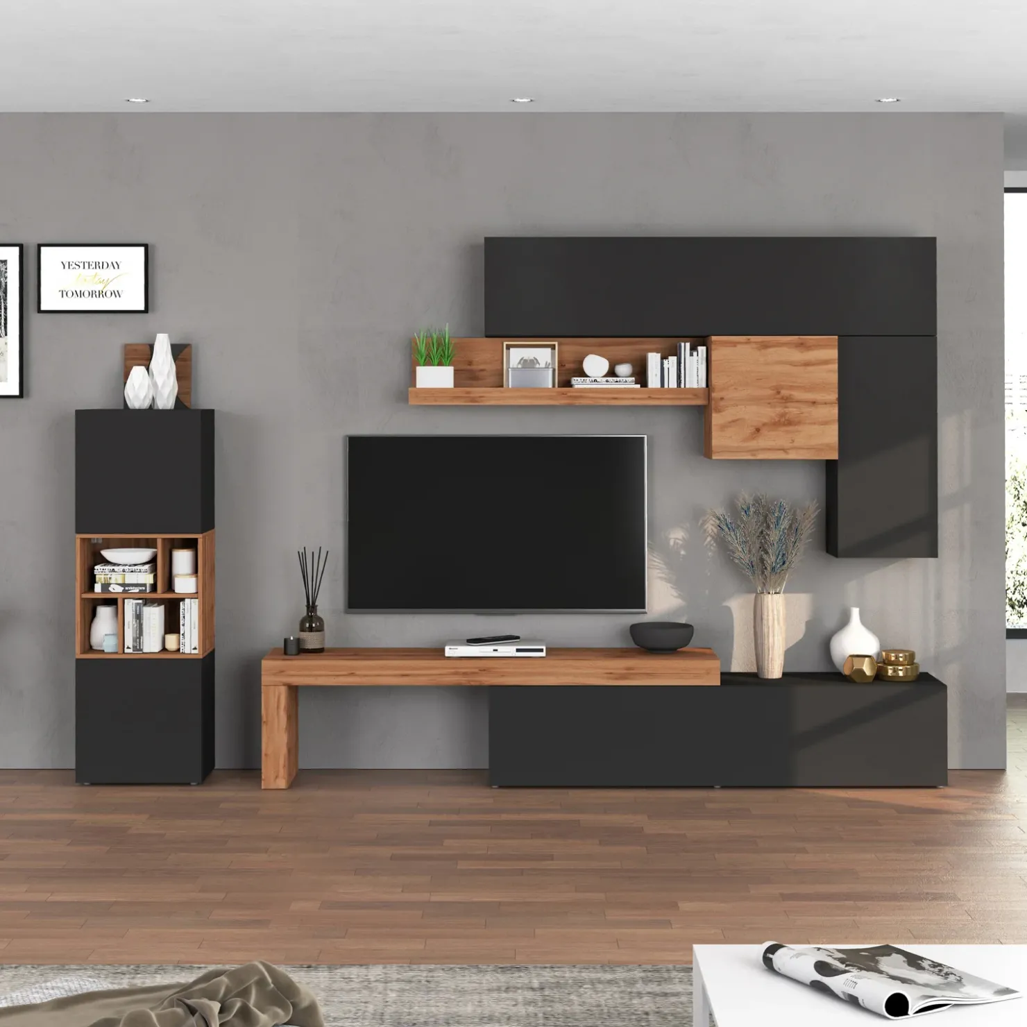 Garnero Arredamenti Parete attrezzata 350x200h cm antracite rovere Block 1 Antracite - Rovere Hot