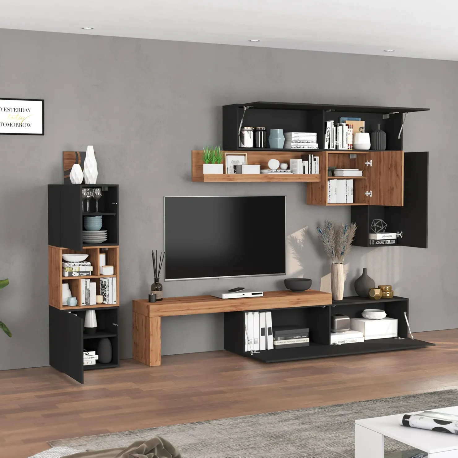 Garnero Arredamenti Parete attrezzata 350x200h cm antracite rovere Block 1 Antracite - Rovere Hot