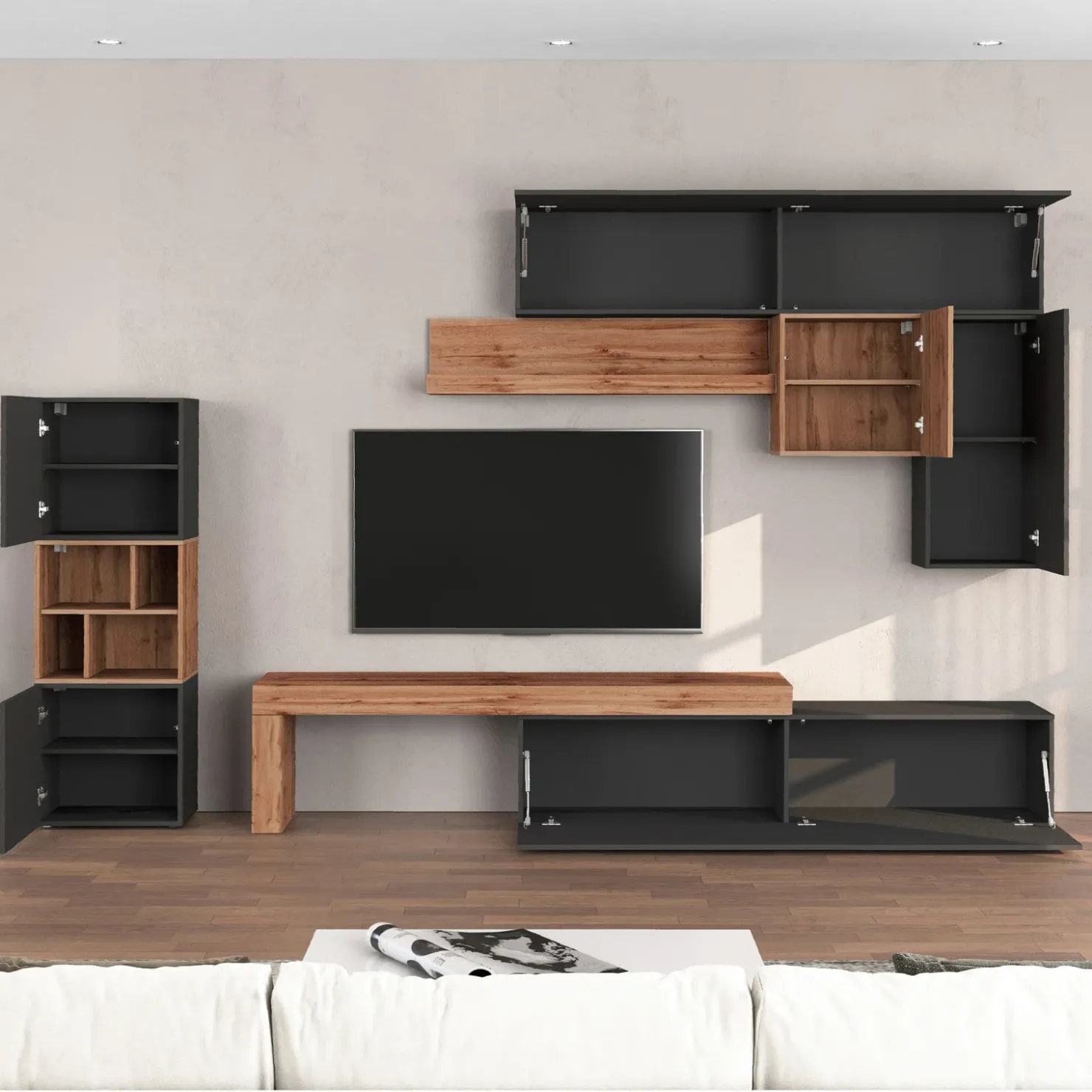 Garnero Arredamenti Parete attrezzata 350x200h cm antracite rovere Block 1 Antracite - Rovere Hot