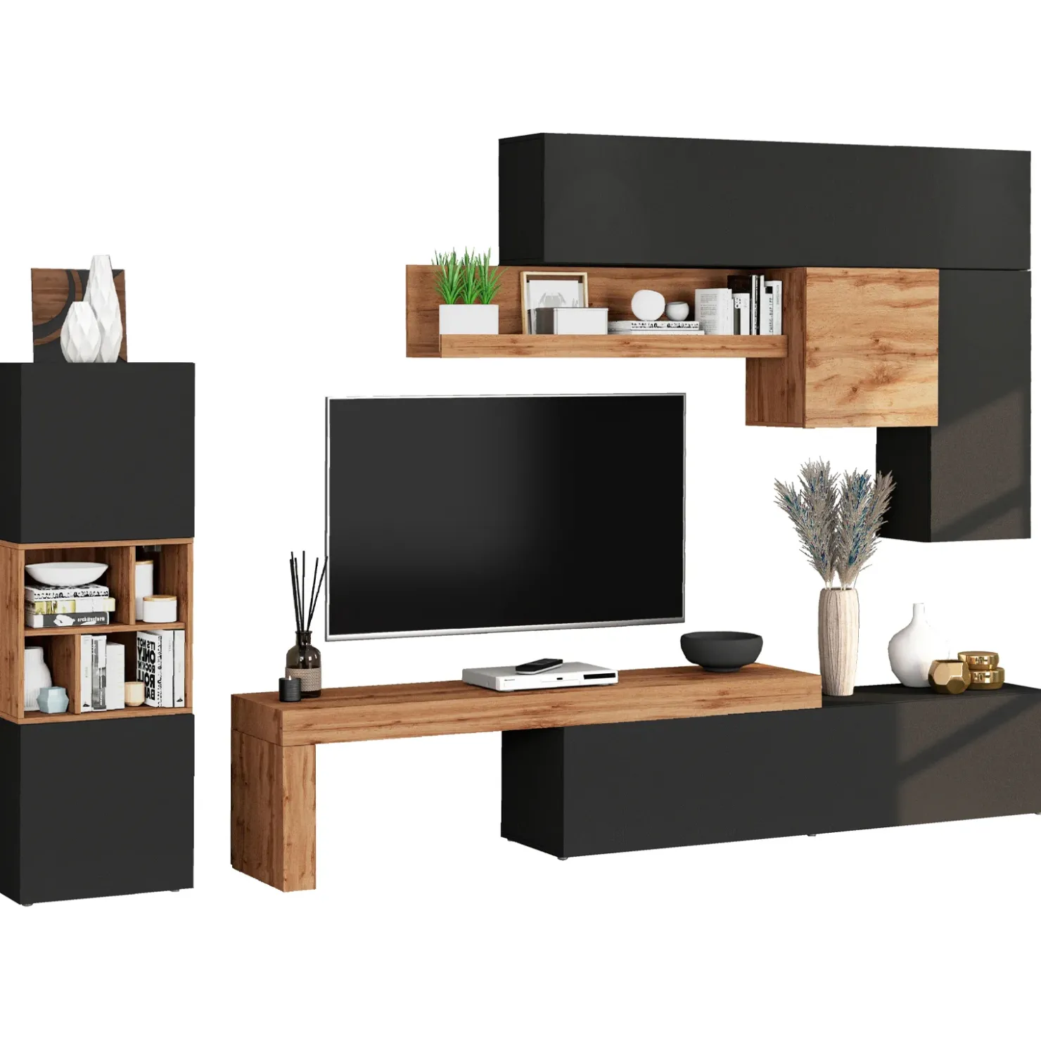 Garnero Arredamenti Parete attrezzata 350x200h cm antracite rovere Block 1 Antracite - Rovere Hot